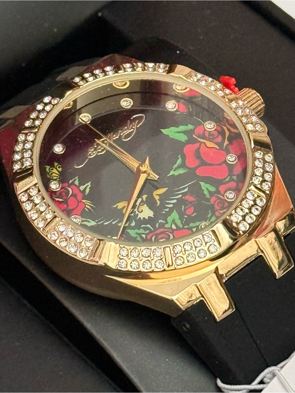 Ed Hardy Women's Gold-Tone Quartz Matte Black Silicone Strap Analog Watch 38mm